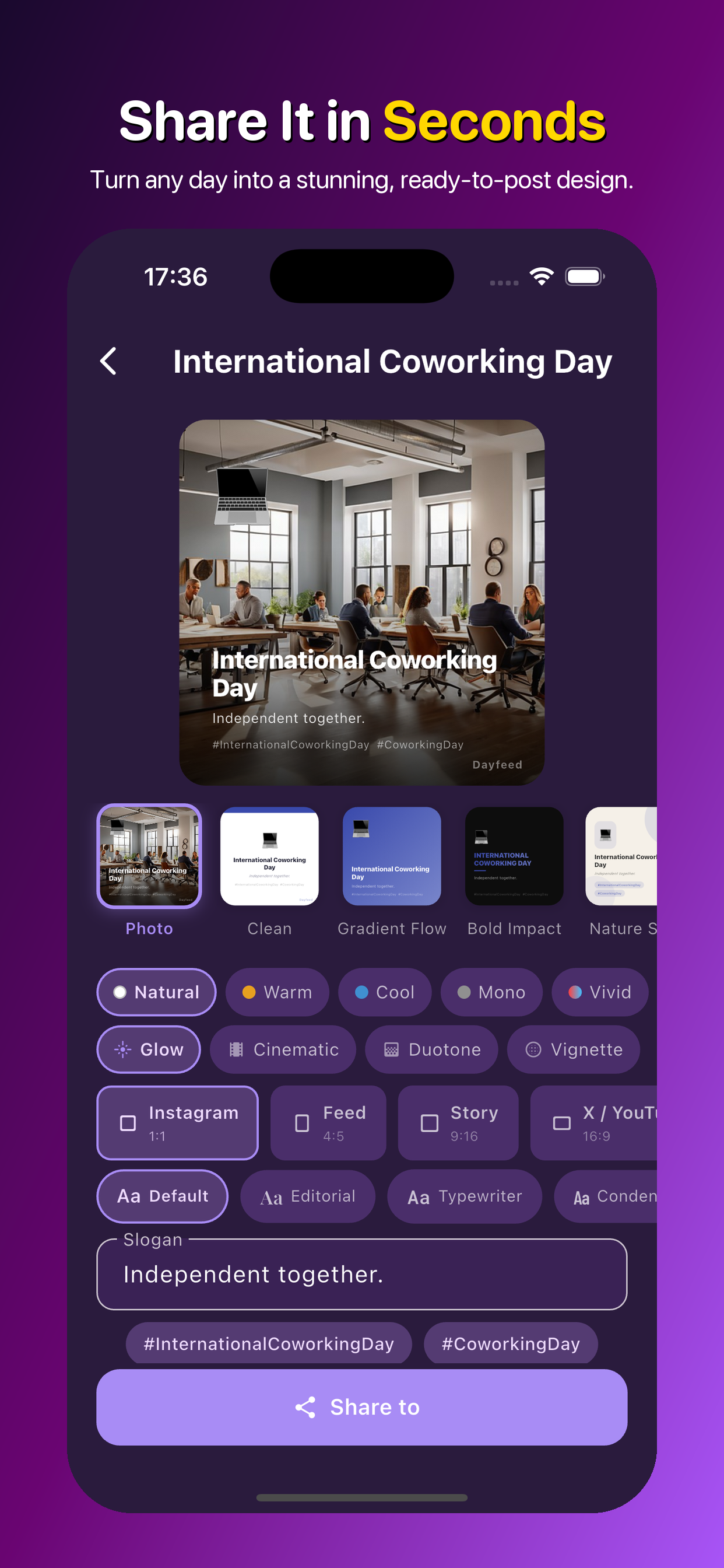 Poster editor with multiple templates, color presets, and one-tap share.