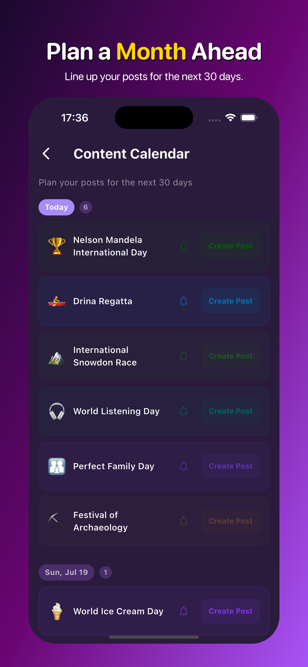 Dayfeed calendar view listing upcoming special days, with quick-create actions.
