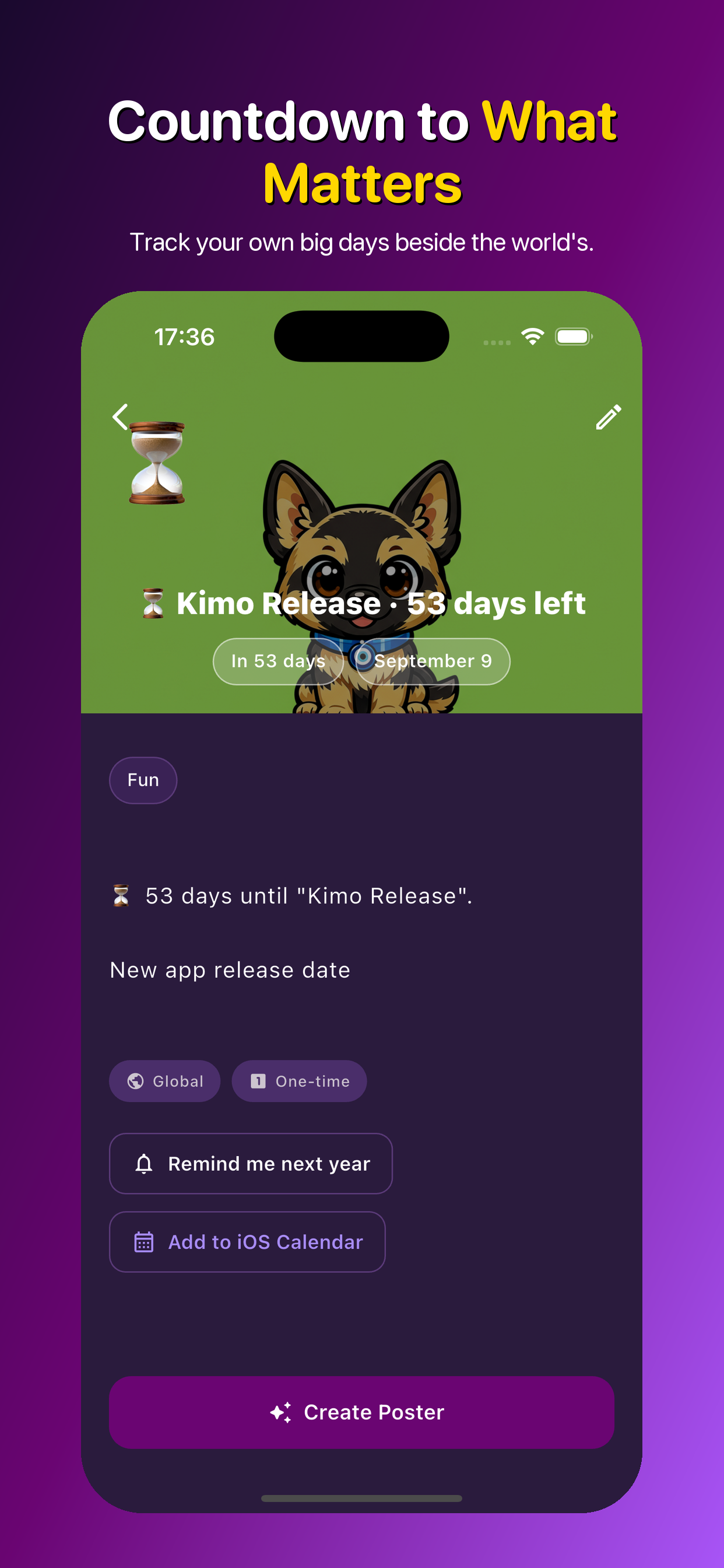 A personal countdown to a custom day, with photo background and reminder options.